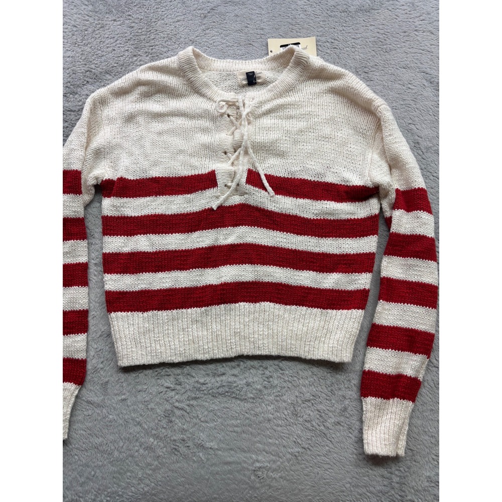 Universal Thread Womens XS Cream Red Striped Lace Up Knit Sweater NWT